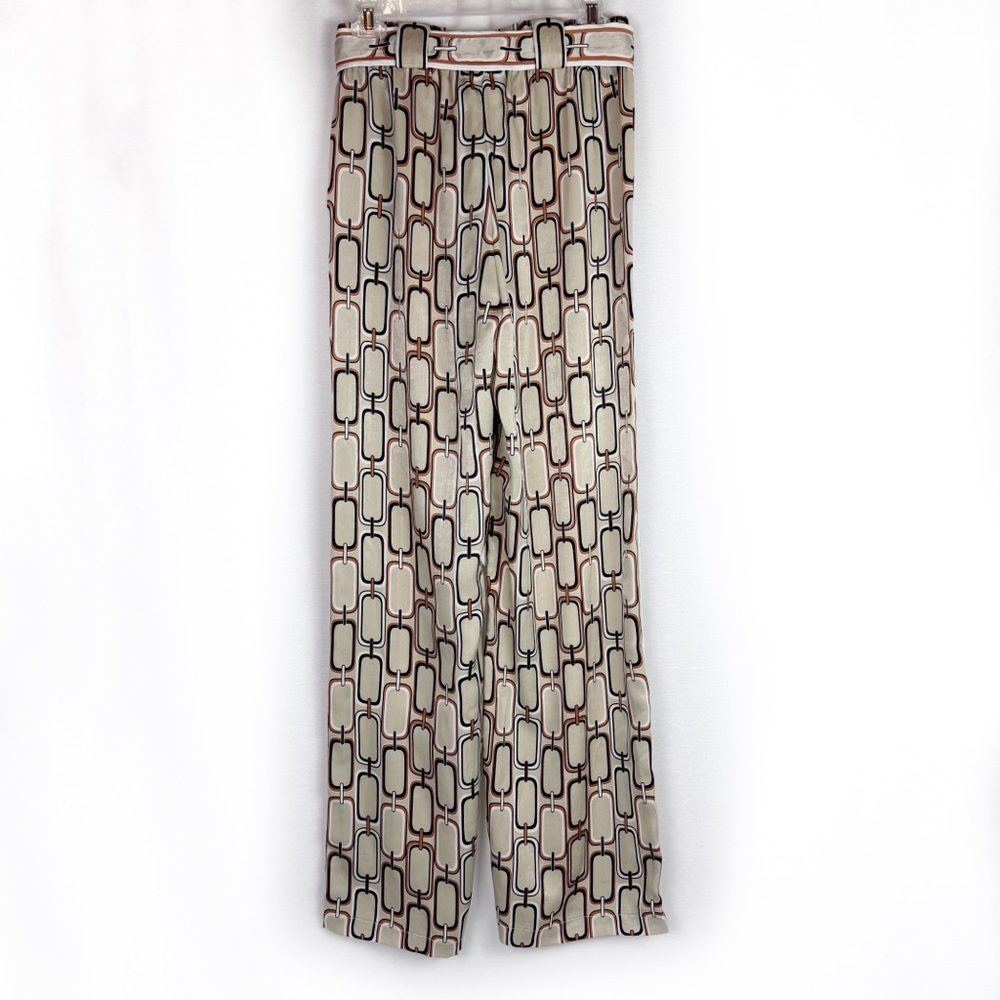ALEXIS Tan Chain Link Print Lionel Belted Satin Pants with Tie Size Small - Picture 3 of 8